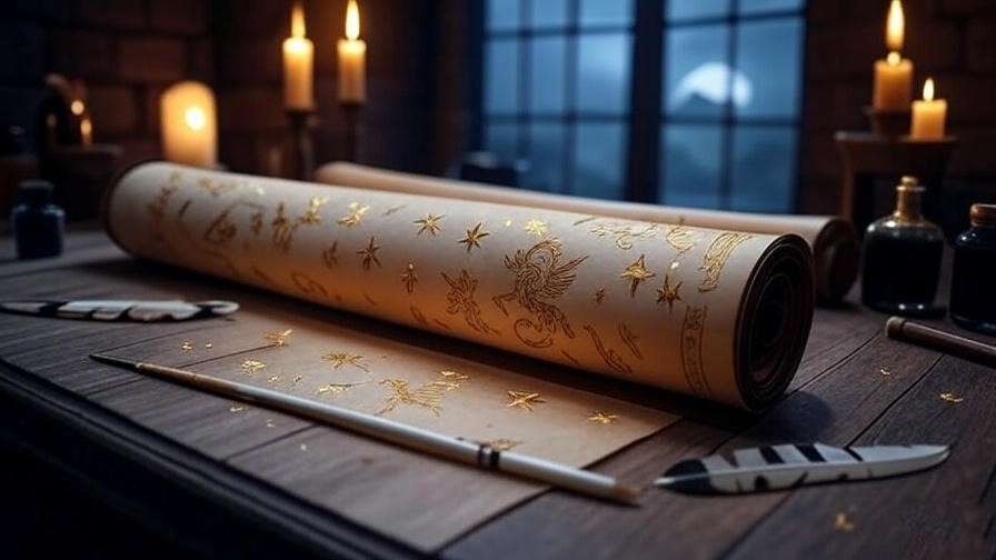 Hogwarts-inspired parchment scroll with magical symbols, quills, and candles, perfect for crafting a Harry Potter-style riddle. 