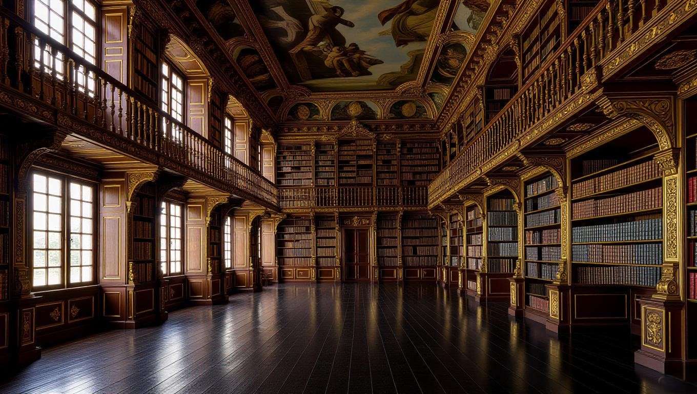 Baroque interior of University of Coimbra’s Joanina Library, resembling Hogwarts’ restricted section with gilded bookshelves and frescoes. 