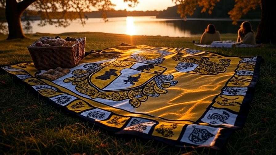 Cozy Hufflepuff-themed picnic by the lakeside with homemade treats under twilight sky.