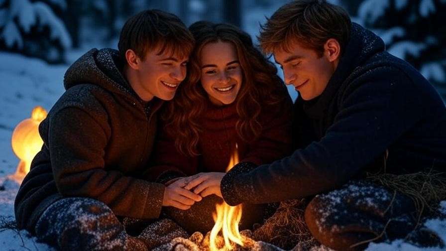 Harry, Ron, and Hermione around a fire in the Forest of Dean with the Deluminator.