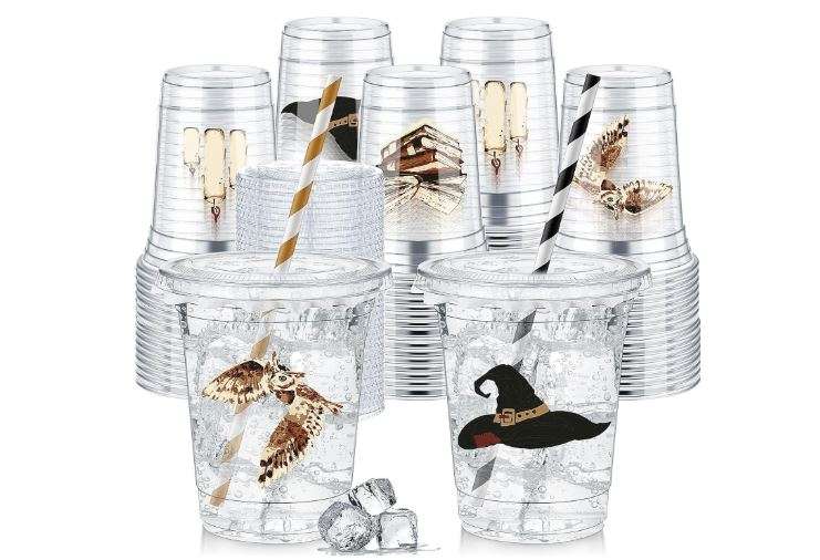 Pickmesh 50 Pcs Magical Wizard Cups 12 oz Disposable Plastic Cups with Straws Lids and Leakproof Paper Clear Vintage Wizard Birthday Party Table Decorations