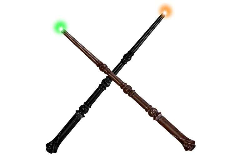 Light Up Magic Wizard Wand with Sounds & 4 Lightings Illuminating Witch Sorcerer Toys for Kids Cosplay Party Favors, 2 Pack, Black & Brown 