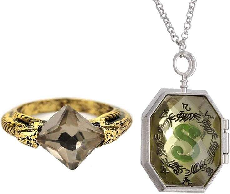 JinYu 2 Set Horcrux Necklace and Magic Ring Stone Retro Bronze Jewelry Cosplay for Fans 