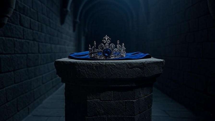 Ravenclaw diadem on pedestal in shadowy Hogwarts corridor