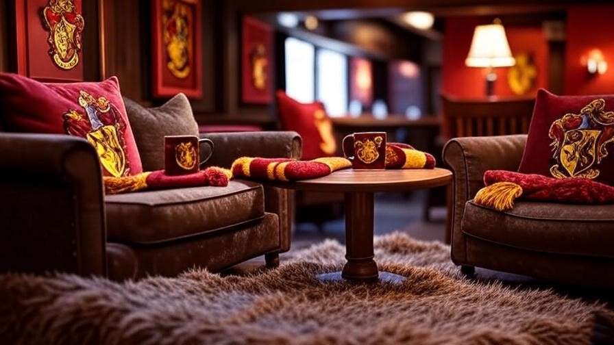 Gryffindor-themed seating area in a Harry Potter coffee shop with red and gold decor, lion motifs, and house crest.