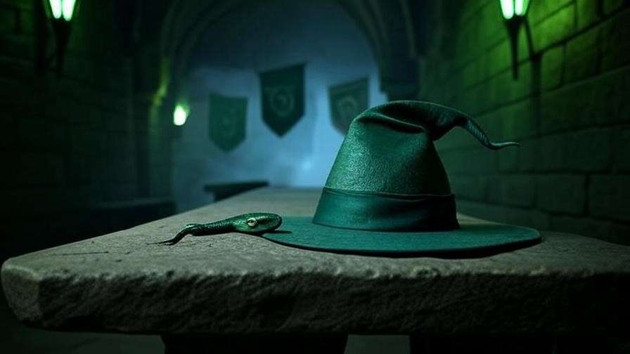 Slytherin hat with a silver-green serpent design on a stone bench in the Hogwarts dungeons, illuminated by green torchlight. 