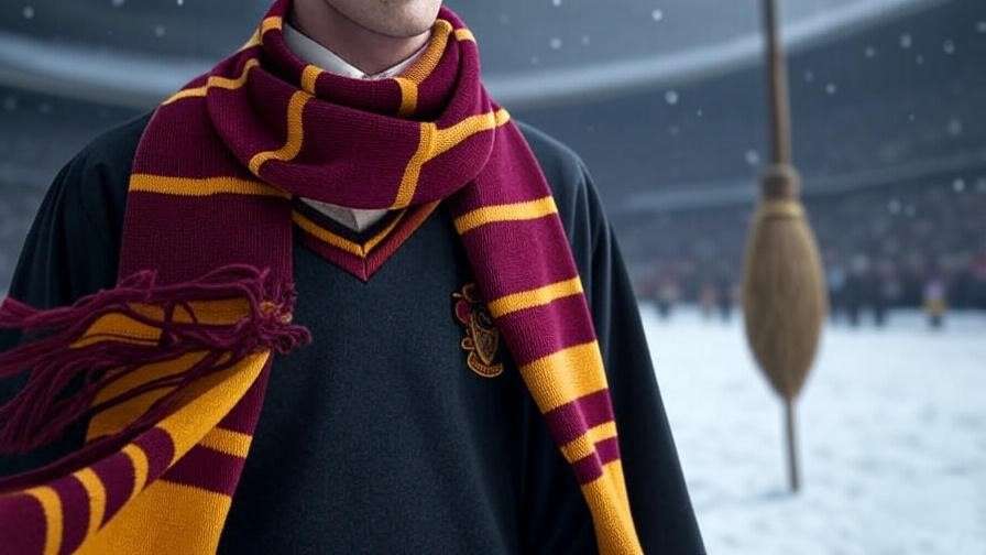 Gryffindor scarf with burgundy and gold stripes worn in a snowy Quidditch scene, inspired by Harry Potter movie moments. 