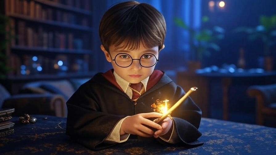 Child searching for hidden Horcruxes during a Harry Potter birthday party scavenger hunt.