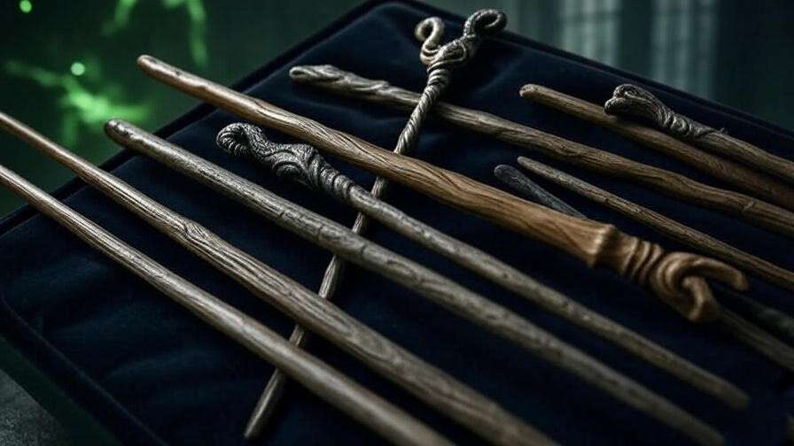 Collection of Death Eater wands from Harry Potter, including Bellatrix’s walnut wand and Lucius’s serpent-headed elm wand, displayed on velvet with a green magical glow. 