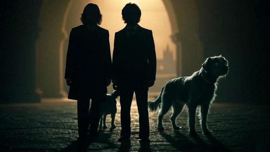 Silhouettes of Sirius Black and Harry Potter with a glowing black dog Patronus, evoking their bond in a magical Harry Potter setting.
