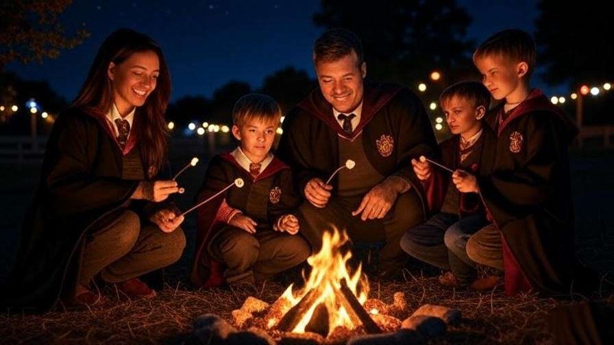Campsite at Harry Potter Festival Jefferson with families in costumes under starry sky