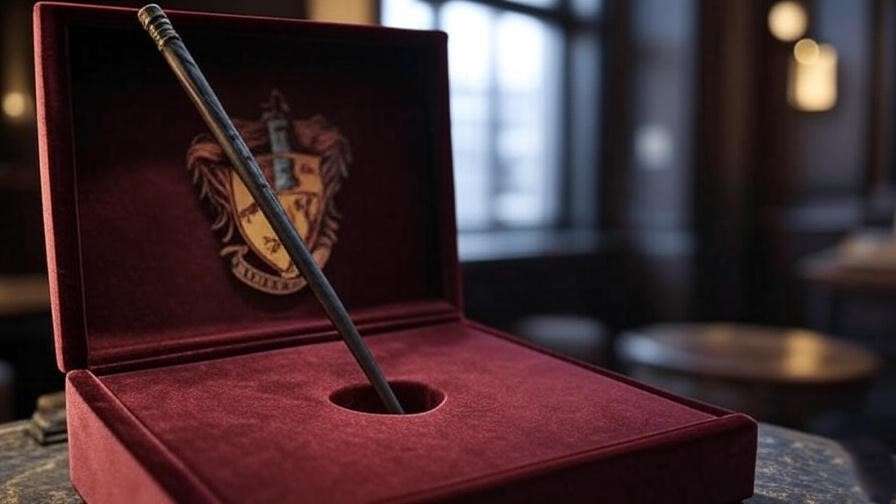 Dean Thomas wand replica on a velvet stand, Gryffindor-themed display, Harry Potter collectible.