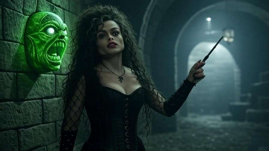 Woman in Bellatrix Lestrange costume with black dress and wand in a dark dungeon.