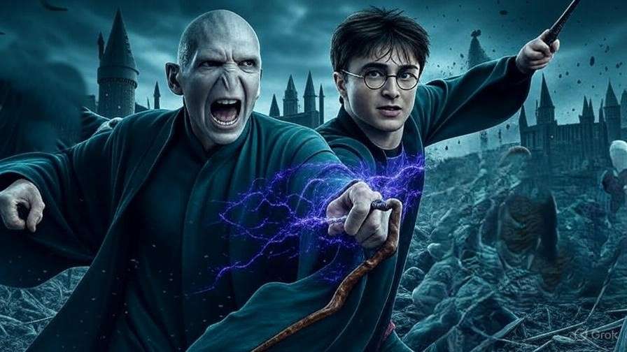 Voldemort battling Harry at Hogwarts with Horcruxes and the broken Elder Wand.