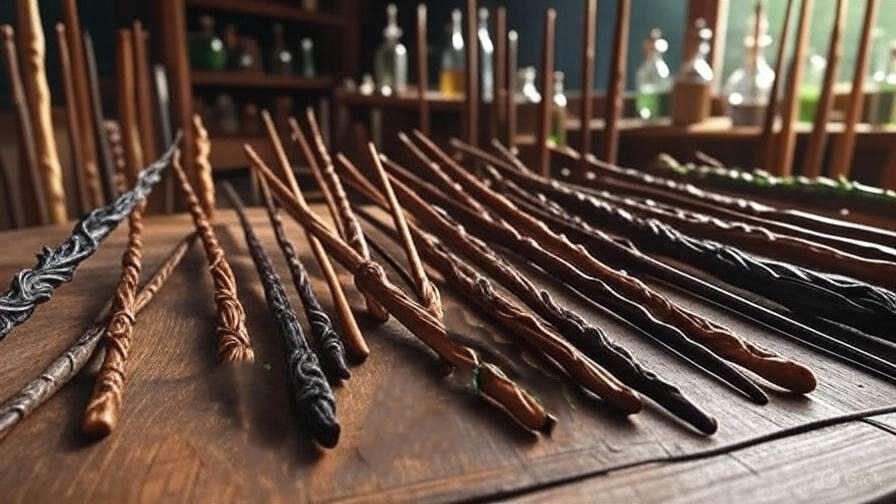 Collection of carved wands from different woods in a wandmaker’s workshop, Harry Potter