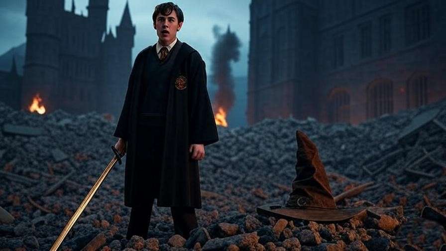 Neville Longbottom wielding the Sword of Gryffindor in the Battle of Hogwarts, standing amidst castle ruins with a determined expression.