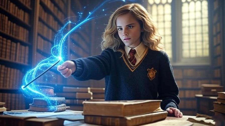 Hermione Granger casting a spell in Hogwarts library, surrounded by books and magical light.
