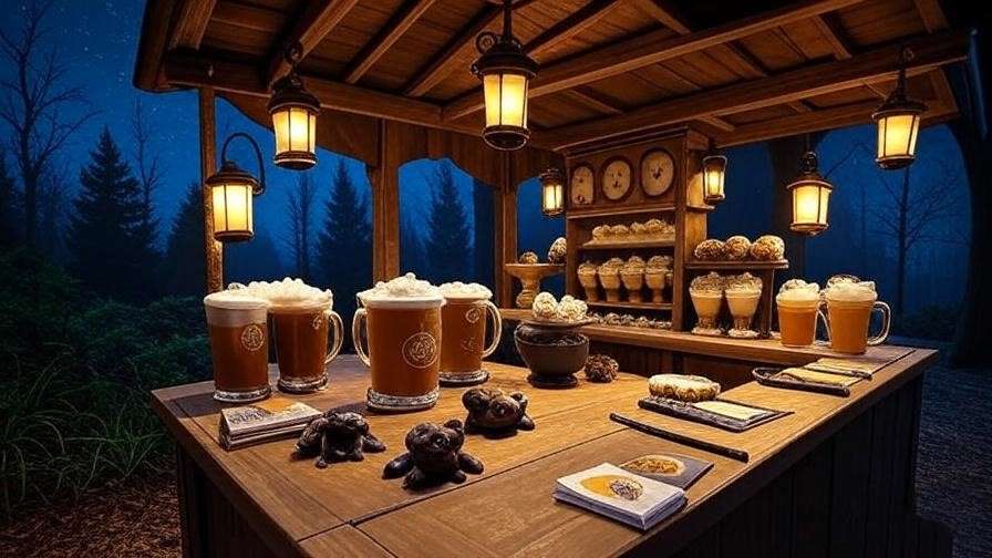 Butterbeer and themed treats at a rustic food stall during A Night at Hogwarts Cincinnati, set against a starry forest backdrop.
