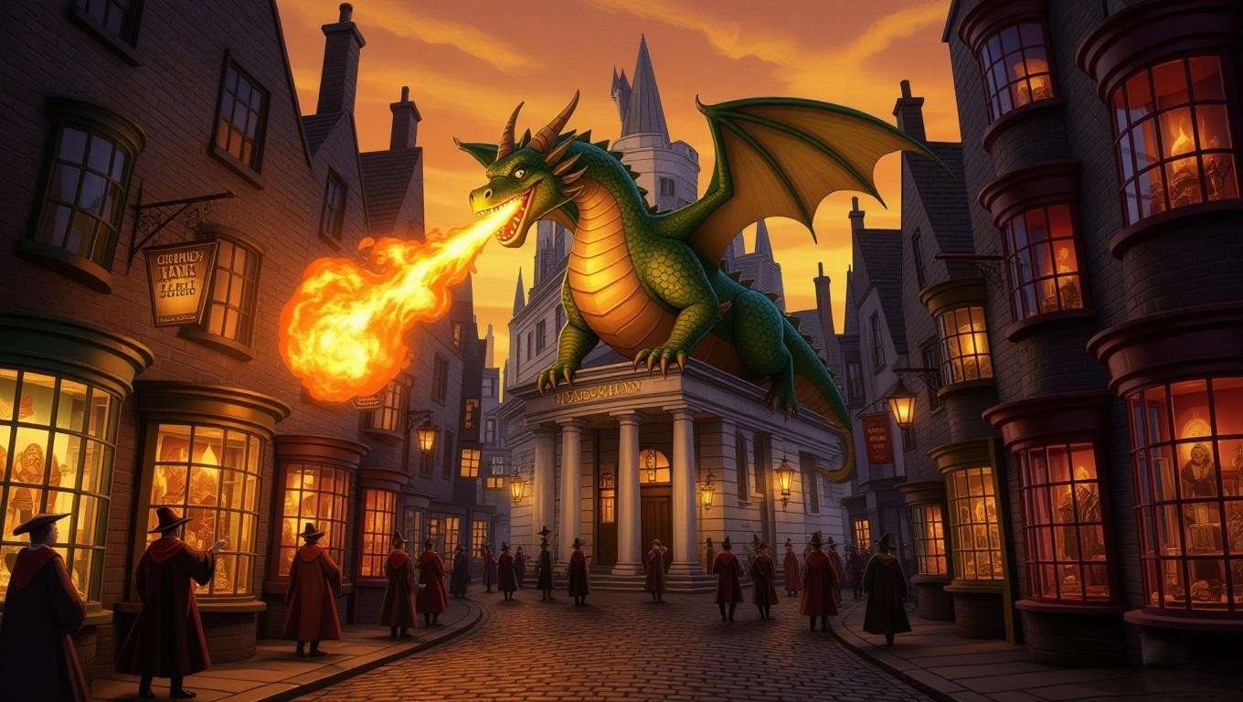 A fire-breathing Ukrainian Ironbelly dragon sits atop Gringotts Bank in a bustling Diagon Alley at Universal Studios’ Wizarding World, filled with colorful shops and wizards. 