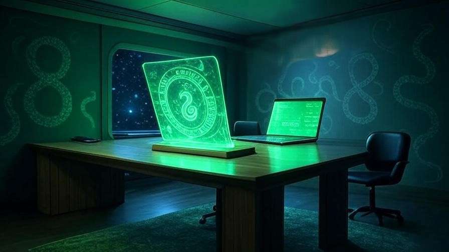  Futuristic Slytherin tech lab with Sorting Hat and holographic interface, blending magic and modernity for Harry Potter fans.

