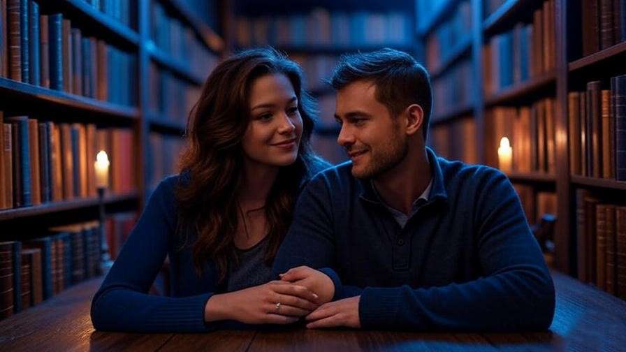 Romantic Ravenclaw-themed library date with books and candlelight.