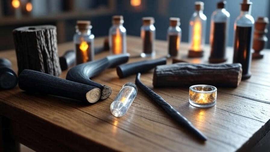 Close-up of wandmaking materials including ebony, hornbeam, yew, and glowing wand cores, arranged on a table in Gregorovitch’s workshop for Harry Potter fans. 