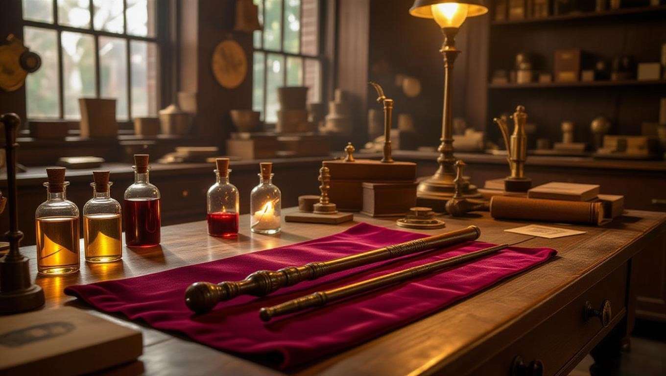 1920s American wandmaking workshop with tools, glowing magical cores, and a partially crafted wand resembling Queenie Goldstein’s, set against Art Deco decor.