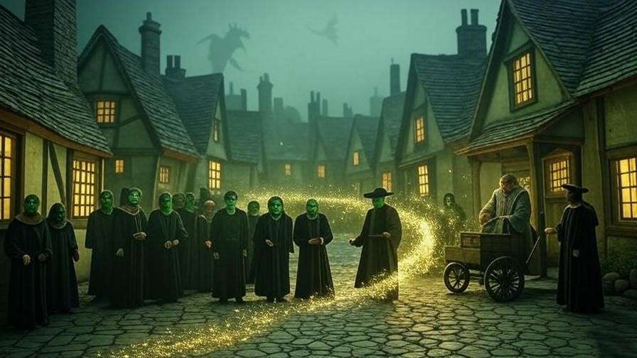 17th-century wizarding village during a dragon pox outbreak, with a magical barrier and Healer distributing potions. 