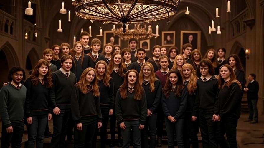 Hogwarts atrium during Triwizard Tournament with students and magical banners.