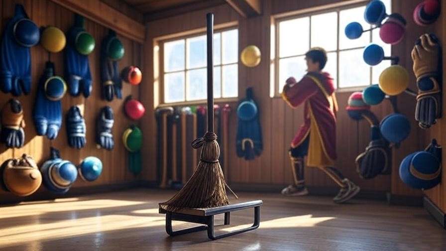 Action-packed display at Quality Quidditch Supplies with a broomstick and Quidditch gear
