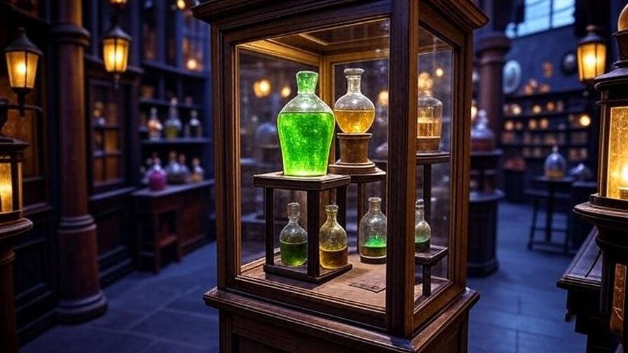 Shrinking Solution exhibit with acid-green potion in Diagon Alley shop at Wizarding World of Harry Potter.
