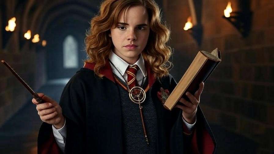 Woman in Hermione Granger costume with Gryffindor robe, wand, and Time-Turner in Hogwarts corridor.