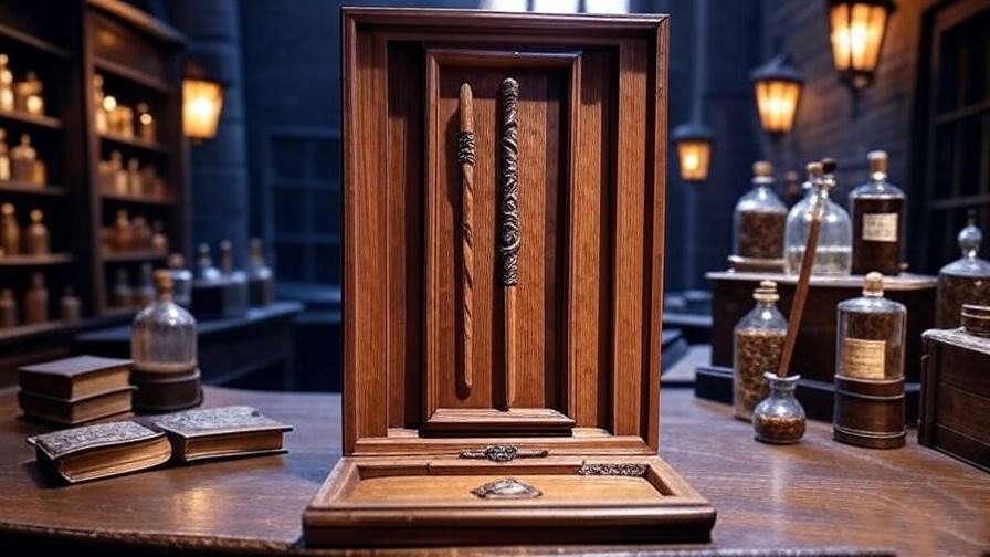 Death Eater wand display featuring Bellatrix’s and Lucius’s wands in a Diagon Alley shop at Universal Studios’ Wizarding World of Harry Potter. 