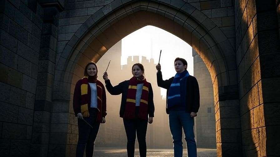 Fans under Lion Arch, a Hogwarts entrance at Alnwick Castle
