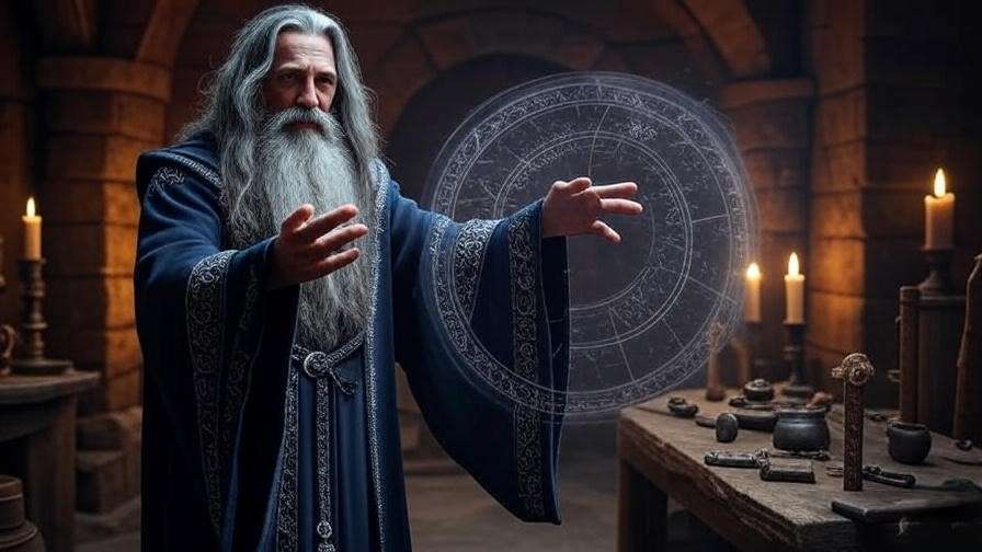 A medieval wizard casts an ancient shielding spell in a candlelit stone chamber, surrounded by runic patterns and magical artifacts. 