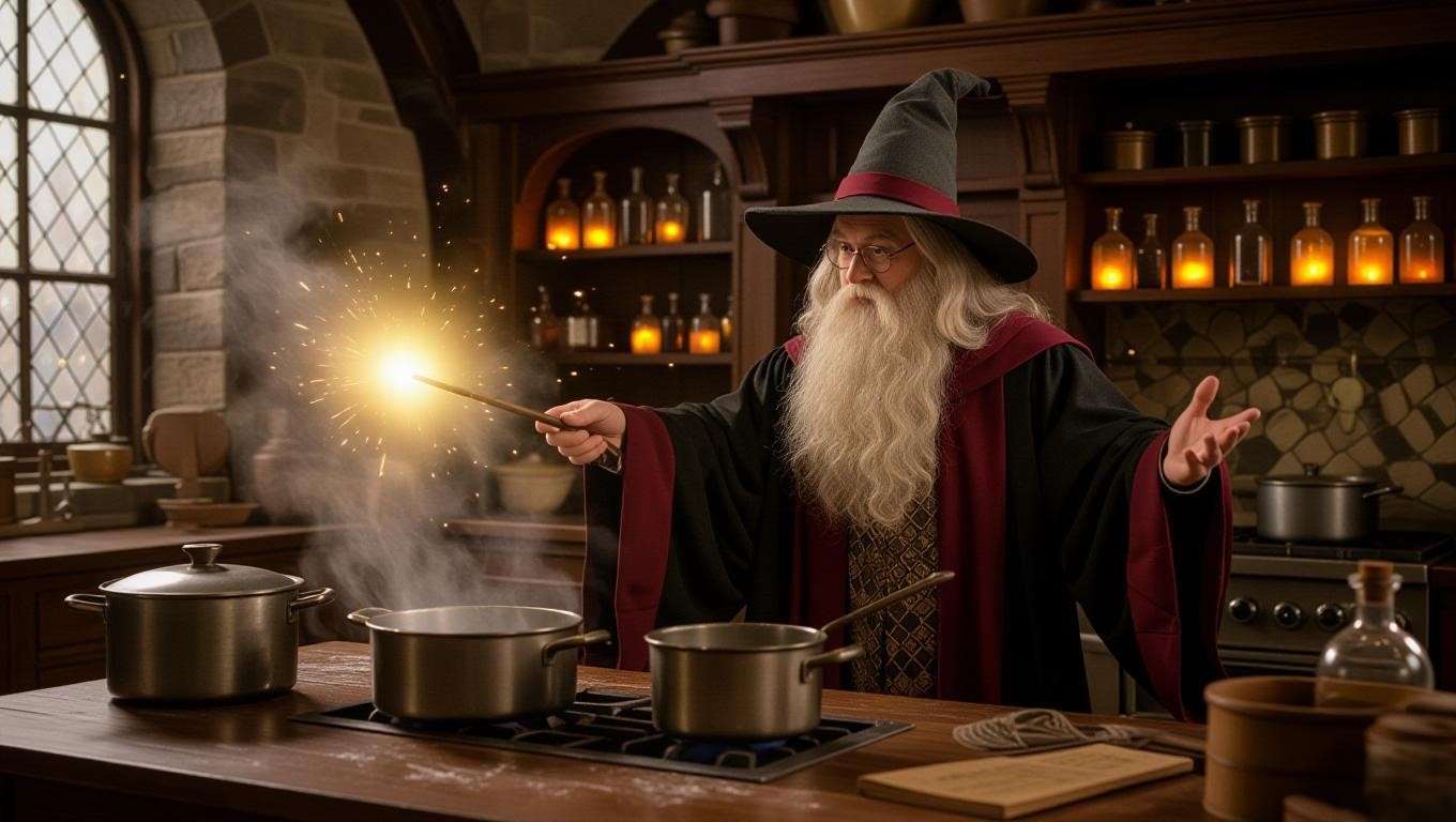 Wizard casting Scourgify spell to clean a wizarding kitchen with glowing pots and enchanted shelves, Harry Potter style.