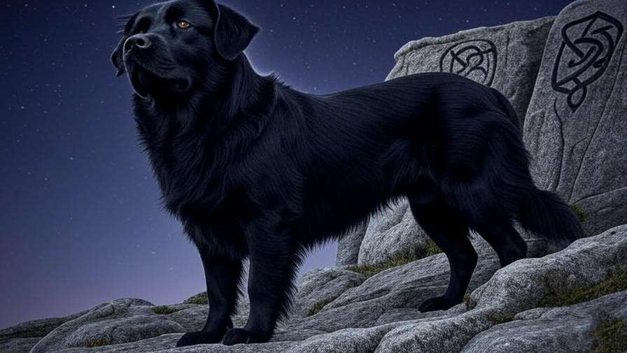 A majestic black dog with a silver aura on a starry cliff, symbolizing loyalty and mystery in a Harry Potter-inspired scene.