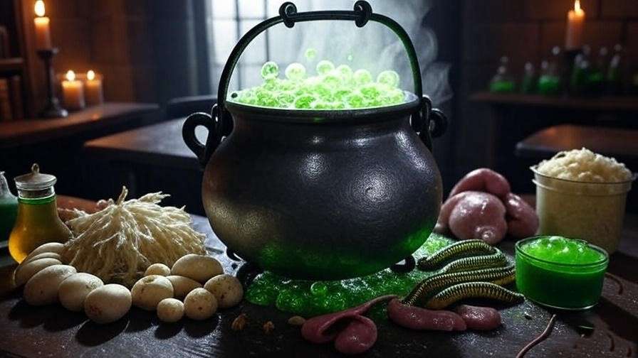 Hogwarts Potions cauldron with Shrinking Solution ingredients like daisy roots, shrivelfigs, caterpillars, rat spleen, and leech juice