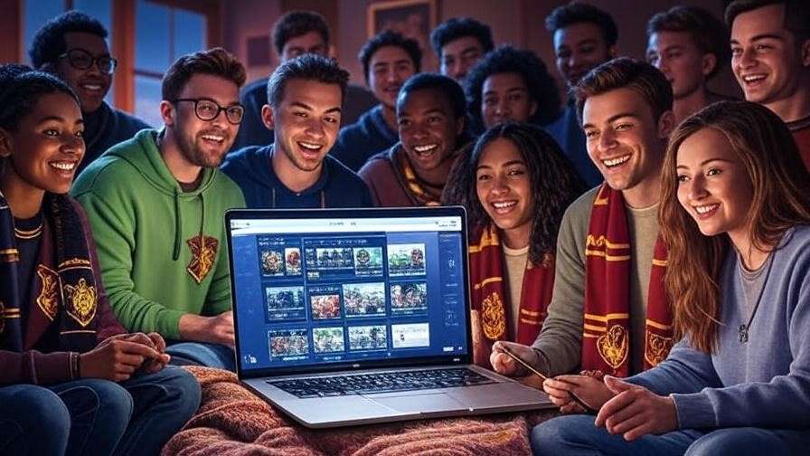 Diverse group of Harry Potter fans engaging with an Emma Watson fansite on a laptop, surrounded by Hogwarts-themed elements. 