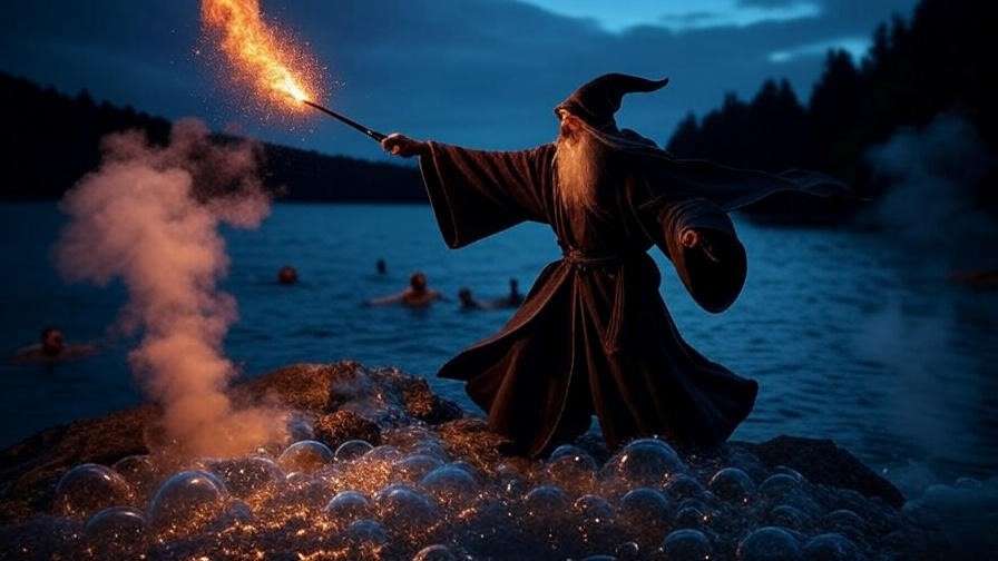 Wizard casting Relashio spell to repel Grindylows with a jet of scalding water in the Black Lake.
