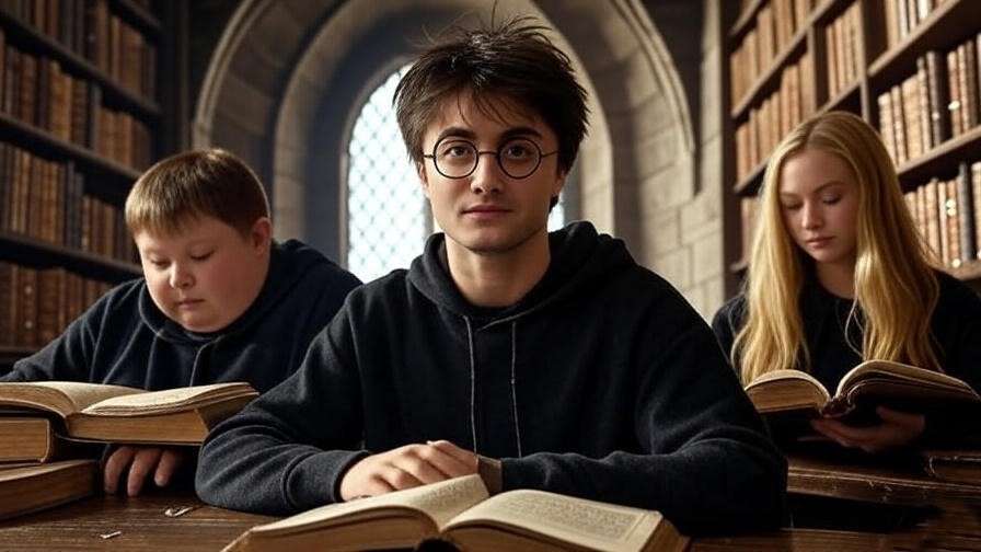 Harry, Neville, and Luna reading in Hogwarts library