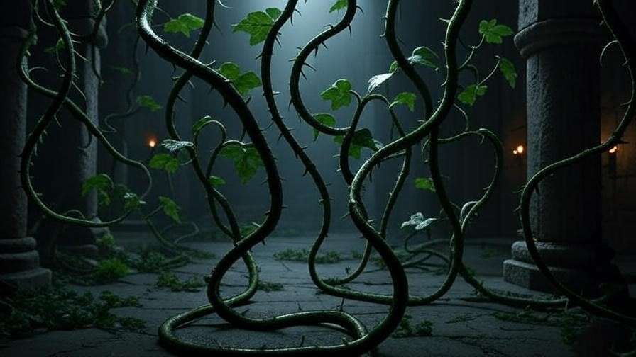 Twisting Devil's Snare vines in Harry Potter style, representing dangerous magical plants in herbology books. 