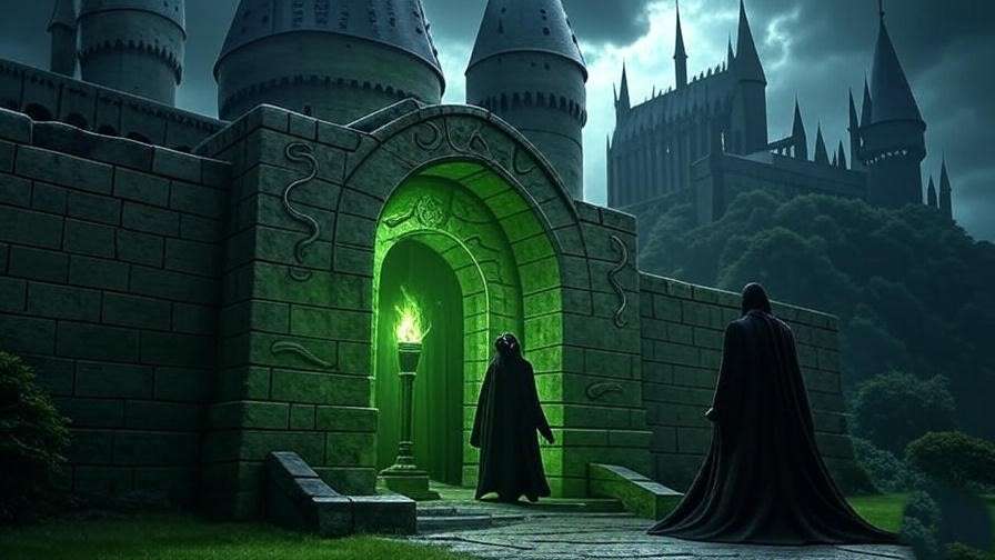 Medieval Hogwarts castle with Slytherin dungeon entrance glowing green, featuring serpent carvings, evoking Salazar Slytherin’s legacy.
