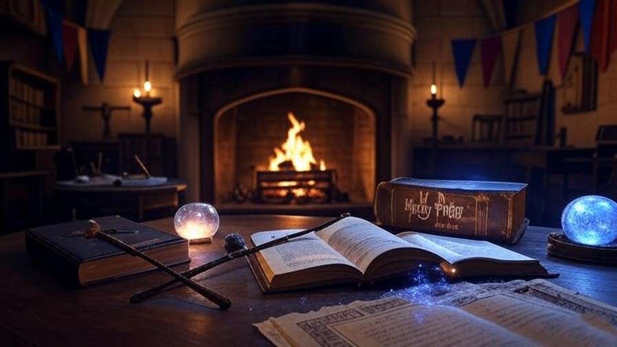 Hogwarts common room with a Harry Potter planners 2025, wand, and glowing orb, highlighting fan productivity.