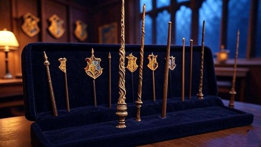 Custom wand replicas on display, including a potential Albus Potter wand, in a magical room.