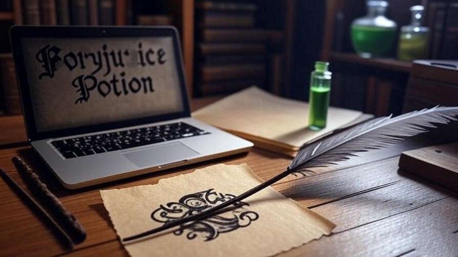Cozy crafting workspace with laptop, parchment, and vial for designing a Polyjuice Potion label.