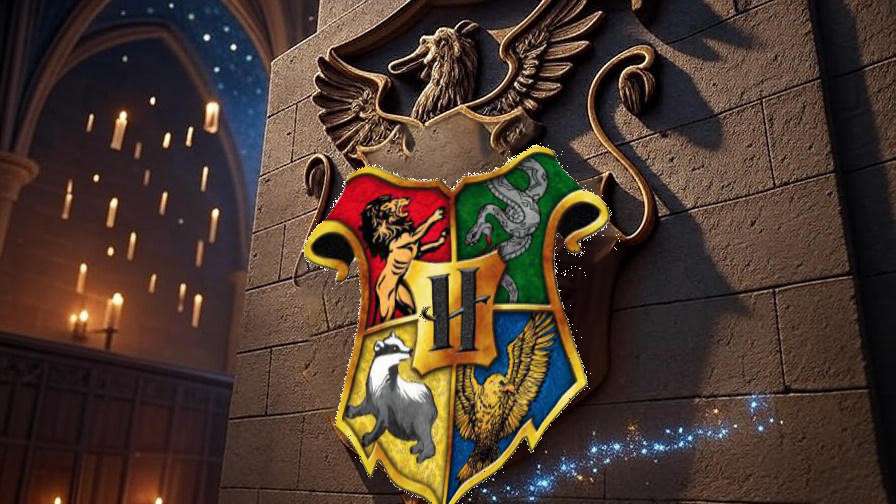 The **coat of arms of Hogwarts** carved on a stone wall in the Great Hall, glowing with magical energy under a starry enchanted ceiling.