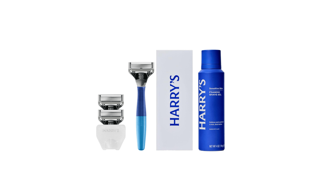
Harry's Shaving Kit for Men - Razor Handle, 3 Razor Blade Refills, Foaming Shave Gel, and Travel Blade Cover - Ocean Blue