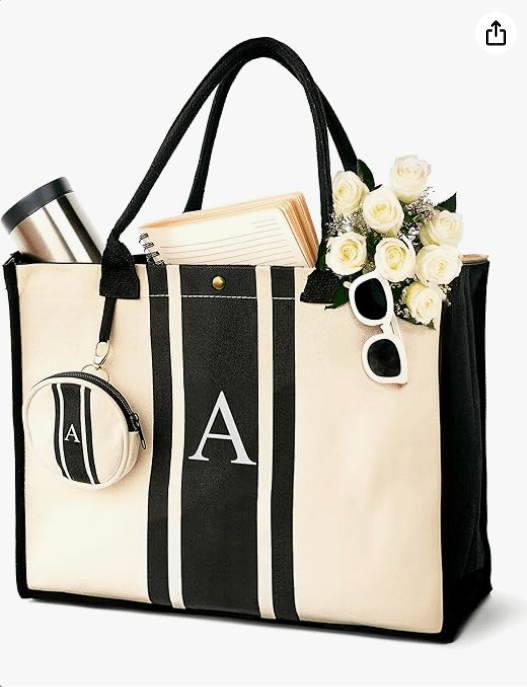 Initial Canvas Tote Bag - Embroidered Letter Beach Bag, Monogrammed Personalized Gift Bag For Women, Make Up Purse