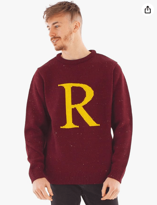 Harry Potter R for Ron Adults Christmas Jumper | Ron Weasley Letter R Xmas Knitted Sweatshirt | Movie Apparel Gift in Red